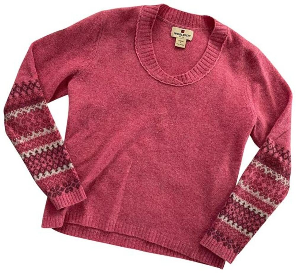 Woolrich Dahlia Fair Isle Sweater 100% Wool Knitted Crew Neck Pullover Pink L